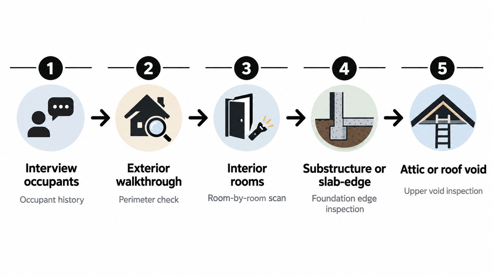 A five-step inspection process flow chart demonstrating professional pest or building inspection procedures for residential homes.