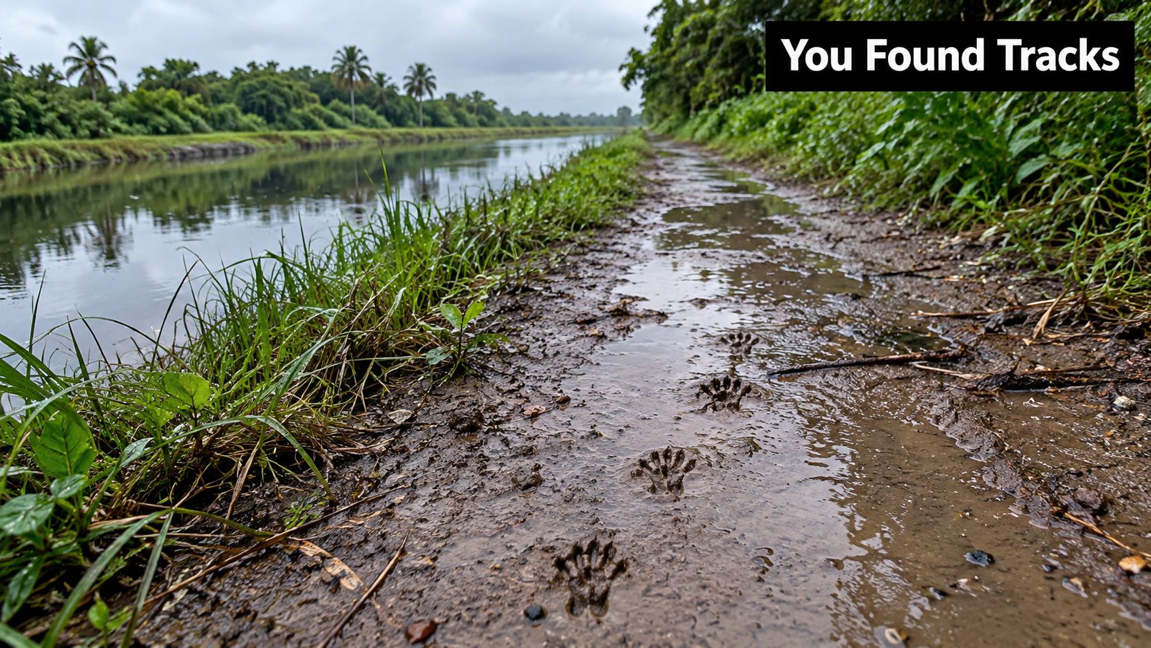 A line of small muddy animal paw prints following a wet dirt path beside a river bank