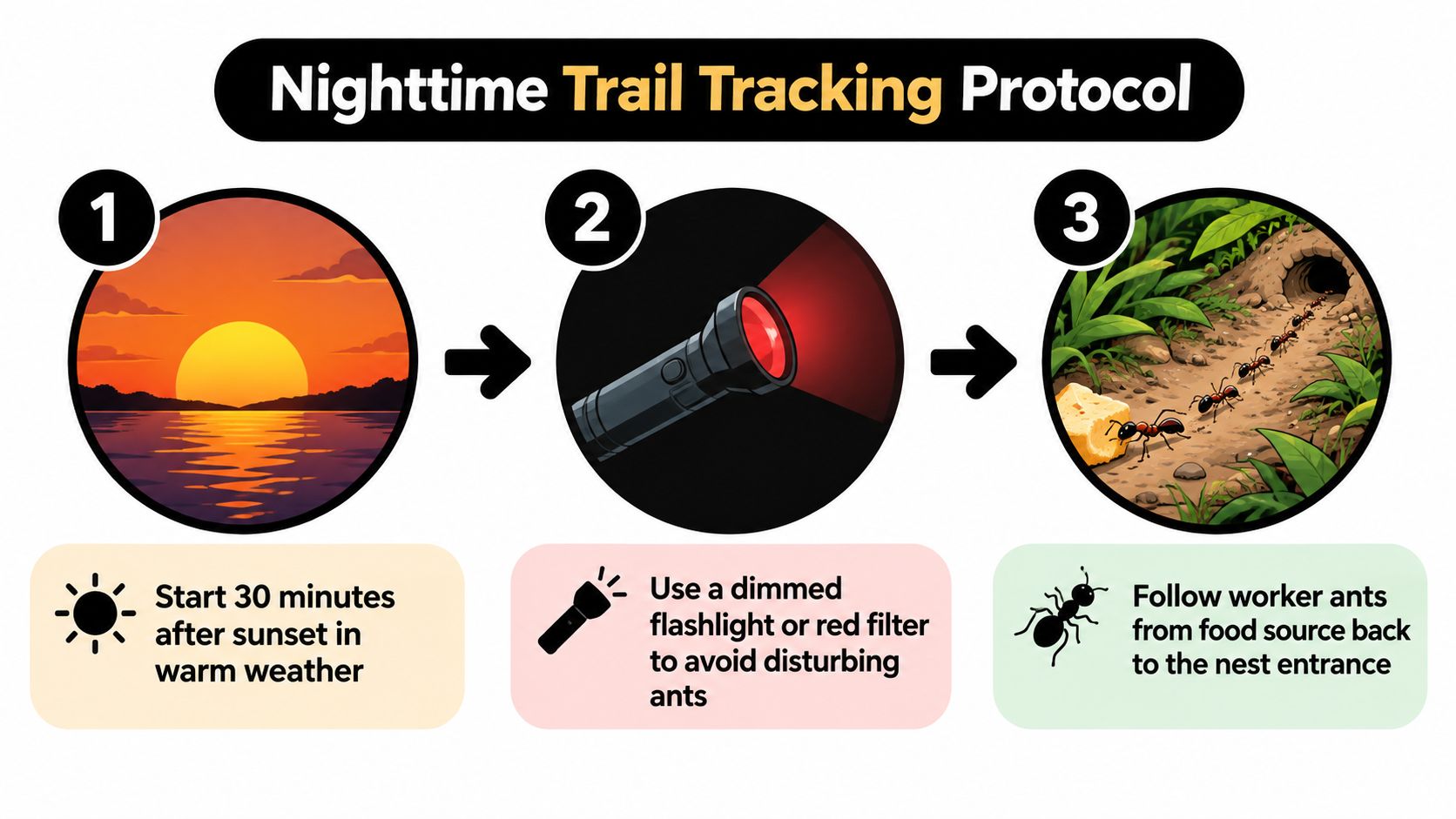 A three-step infographic explaining how to safely track ant trails at night using a red flashlight.