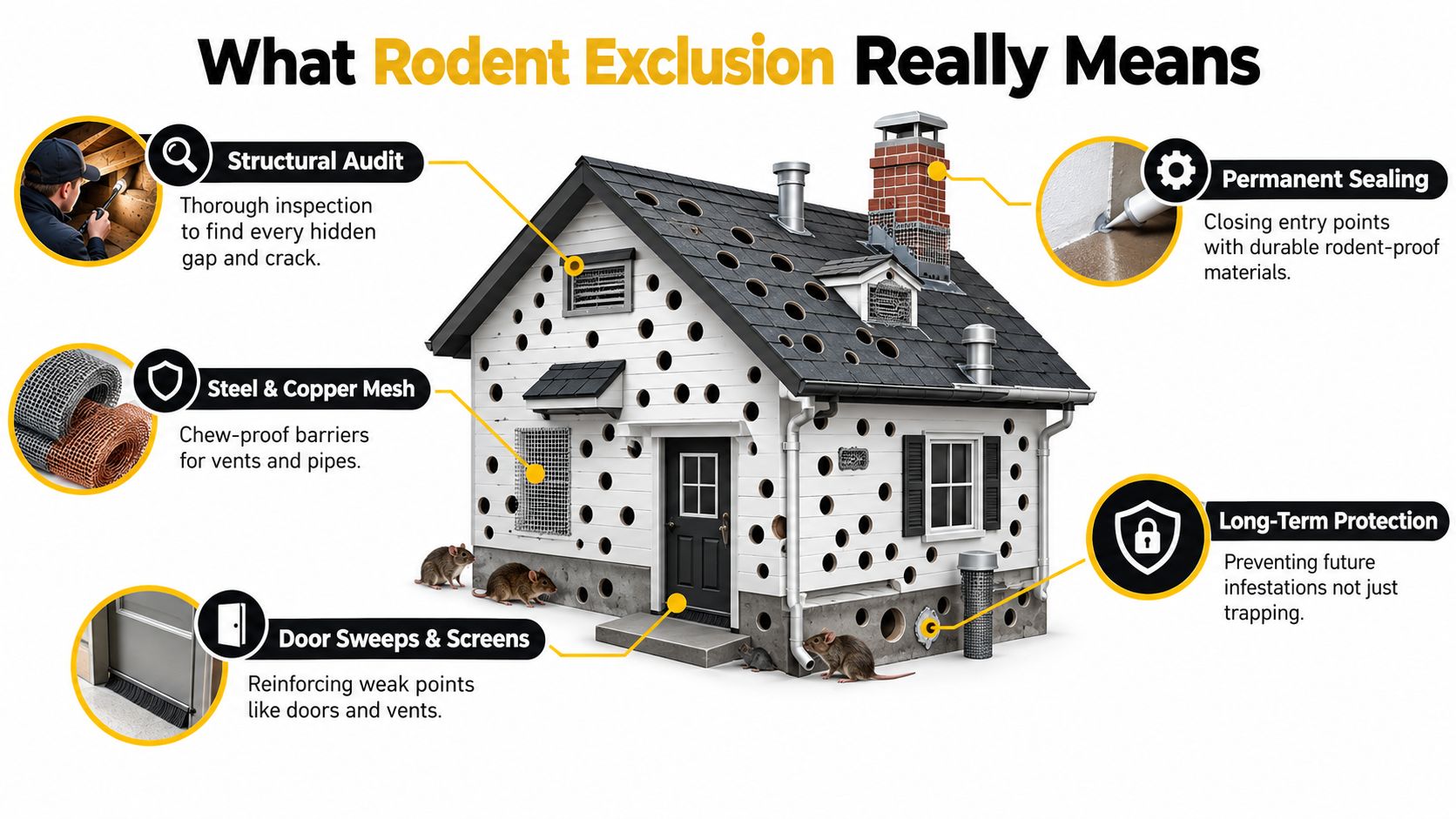A diagram explaining rodent exclusion services including structural audits, sealing, and barriers for home pest protection.