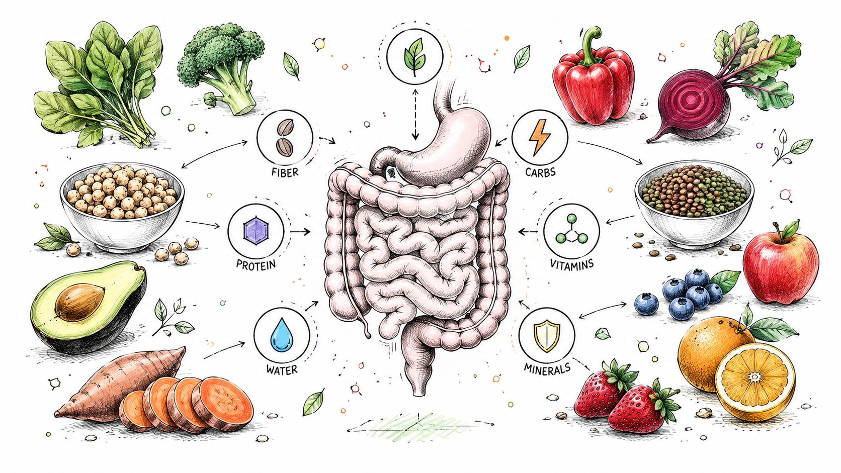 An illustrated diagram of a human digestive system surrounded by various healthy whole foods and nutrition icons.