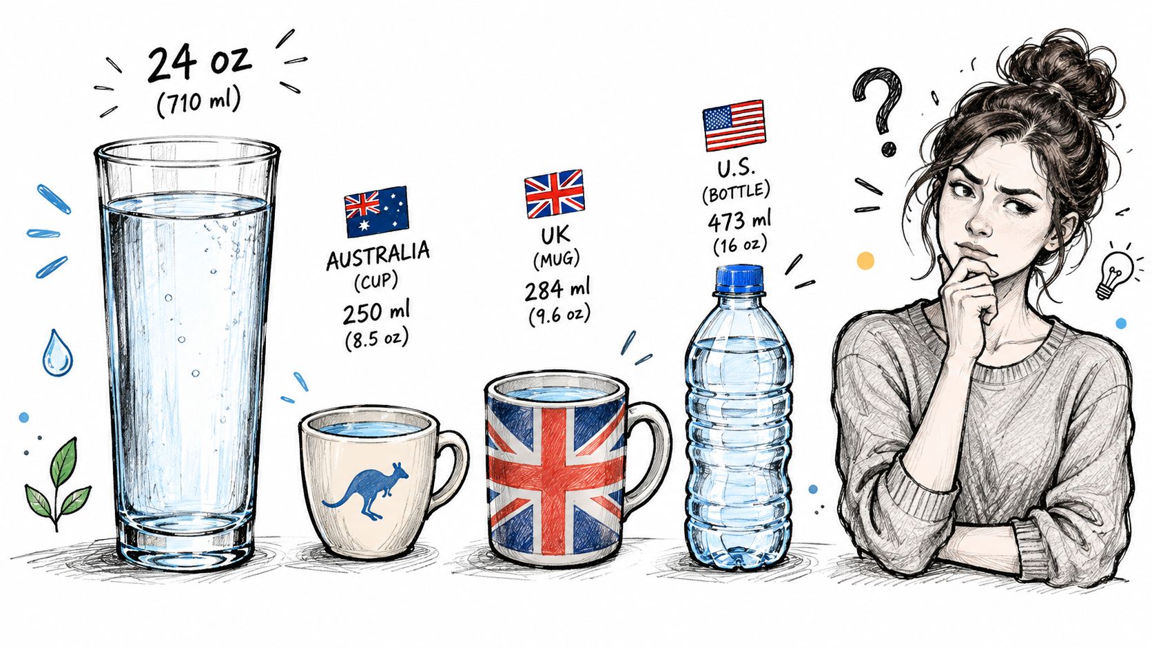 A hand-drawn illustration comparing water volumes in different containers, including an Australian cup, British mug, and US bottle.