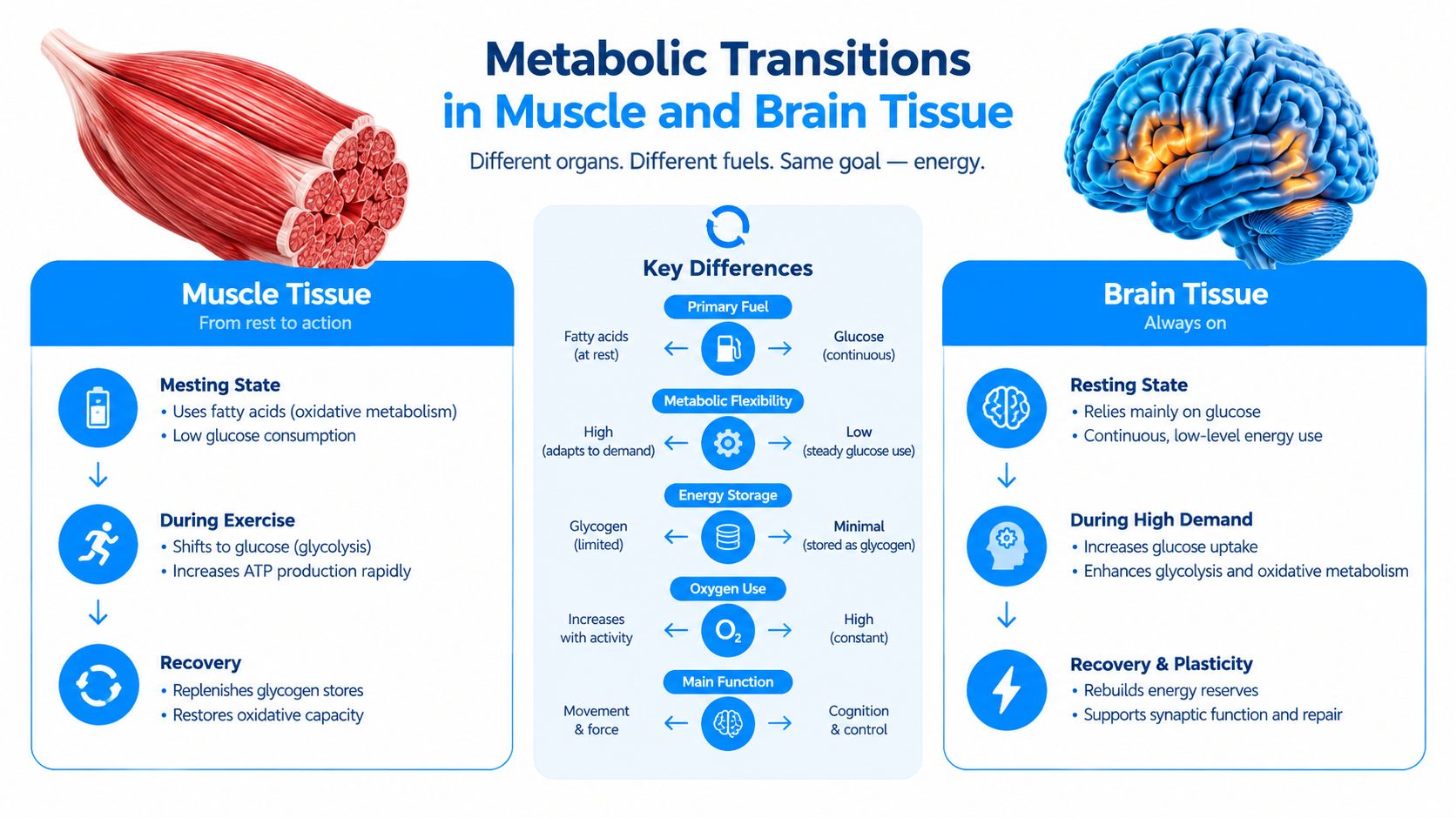 A diagram comparing metabolic transitions in human muscle and brain tissue during rest, exercise, and recovery states.