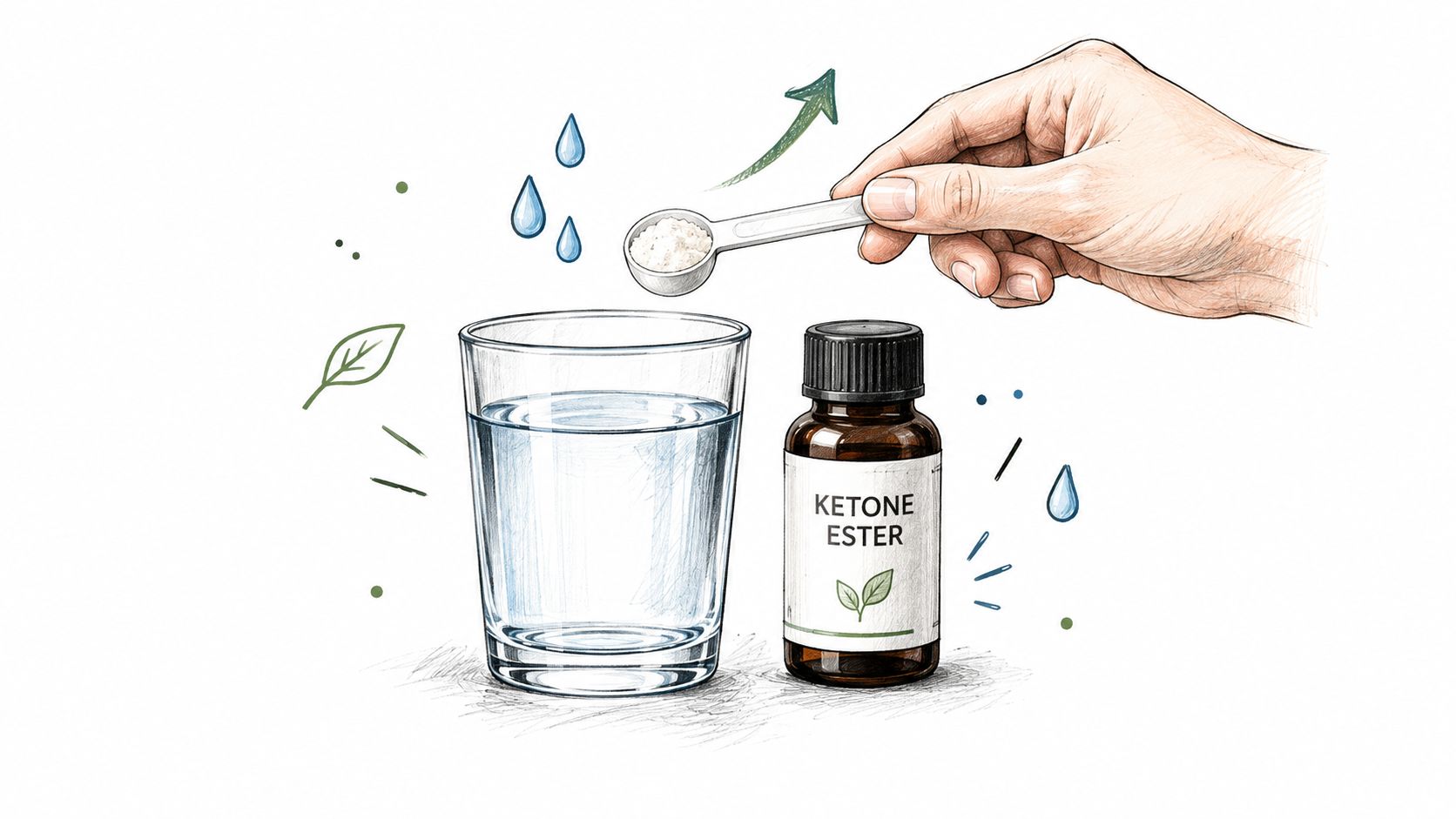 A hand holding a measuring spoon of powder over a glass of water next to ketone ester.