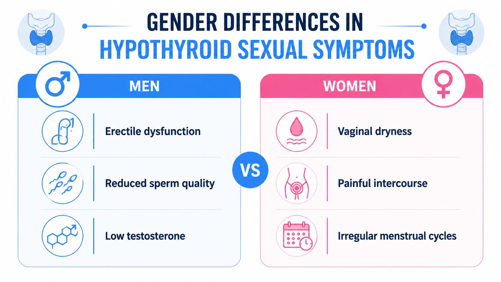 A comparison chart showing sexual health symptoms of hypothyroidism in men versus women with icons for each.