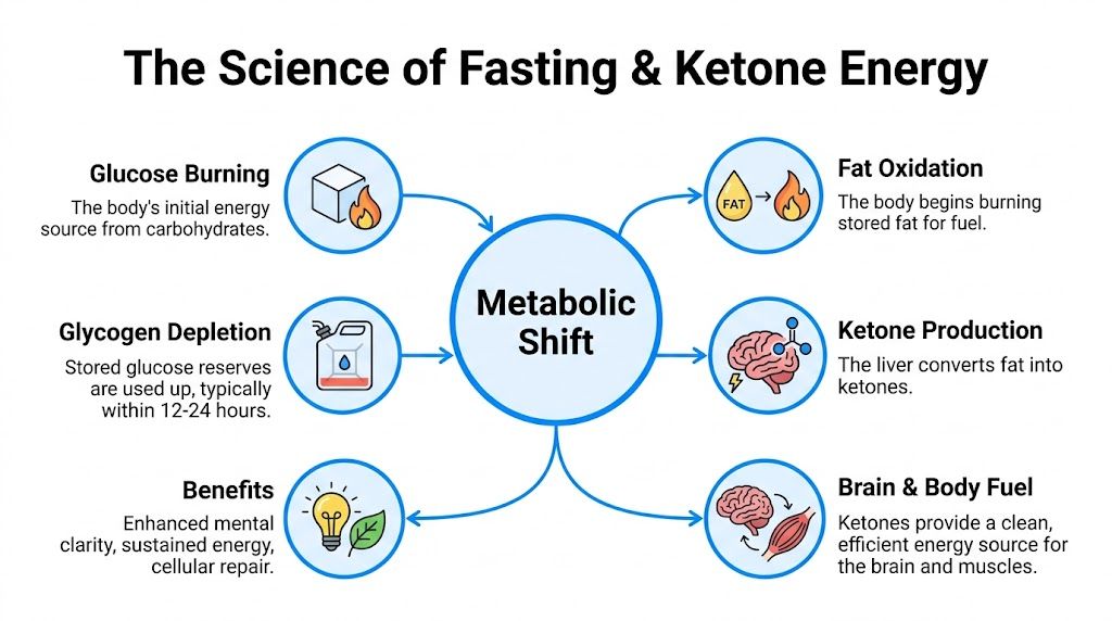 A diagram explaining the science of fasting, metabolic shifts, fat oxidation, and the benefits of ketone energy.