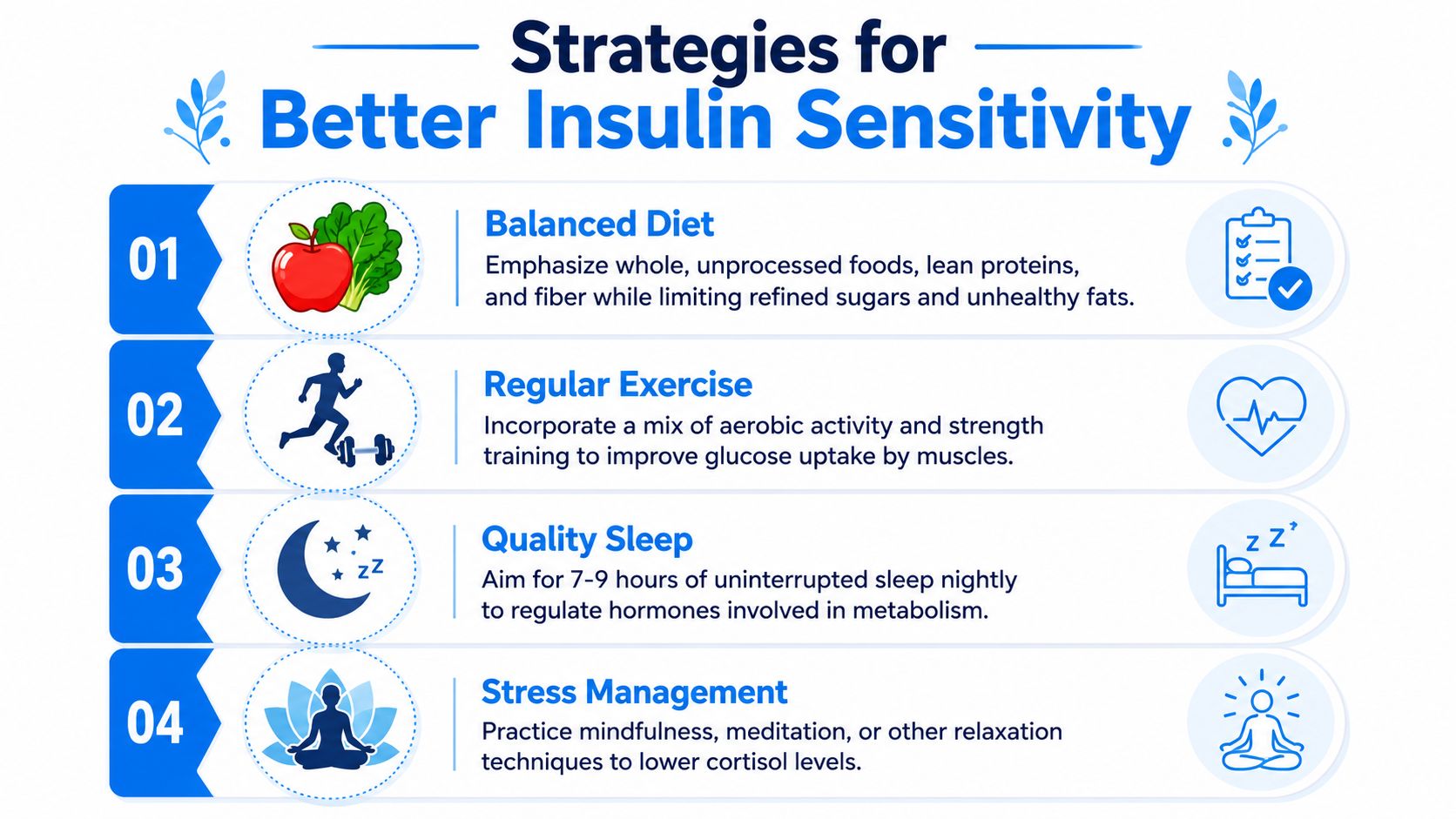An infographic titled Strategies for Better Insulin Sensitivity listing diet, exercise, sleep, and stress management tips.