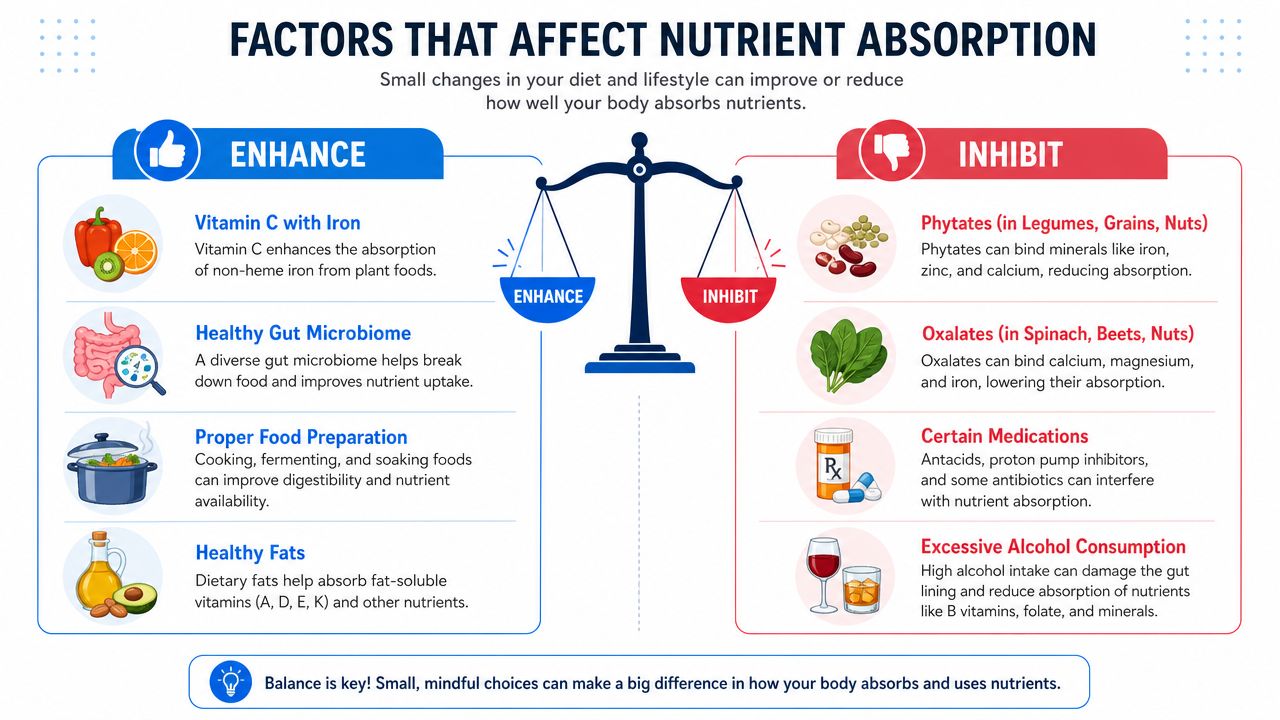 An infographic showing factors that enhance or inhibit nutrient absorption, including diet, lifestyle, and gut health.