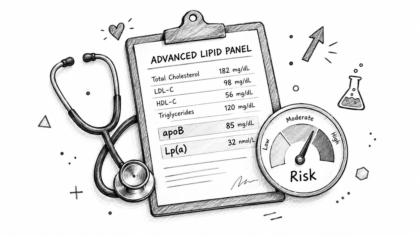 A medical clipboard showing an advanced lipid panel report alongside a stethoscope and a risk gauge.