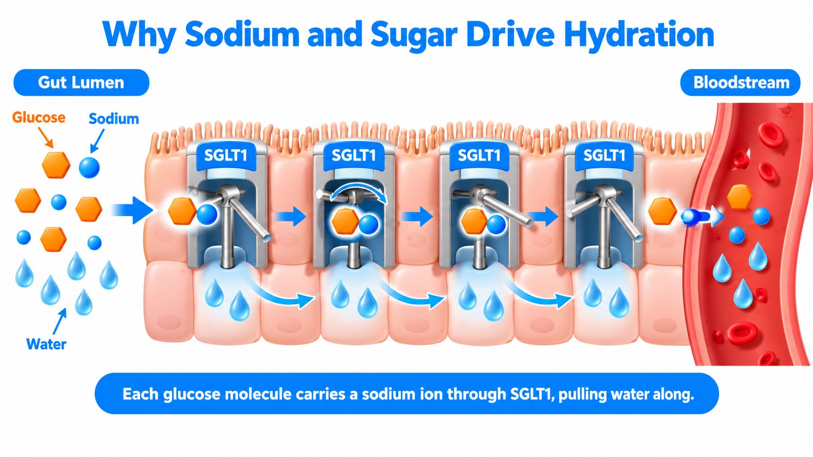 A diagram illustrating how glucose and sodium molecules facilitate water absorption through SGLT1 proteins into the bloodstream.