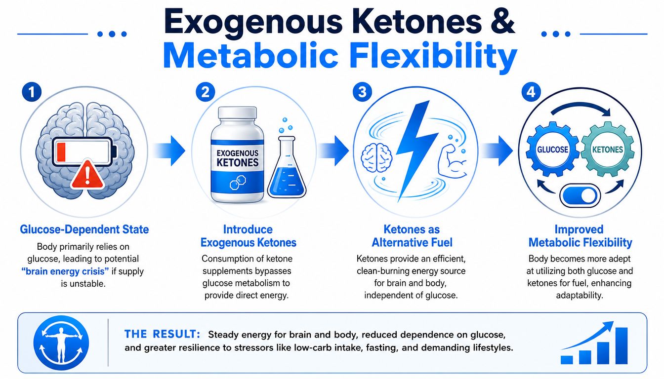 A diagram illustrating the four steps of how exogenous ketones promote metabolic flexibility in the human body.
