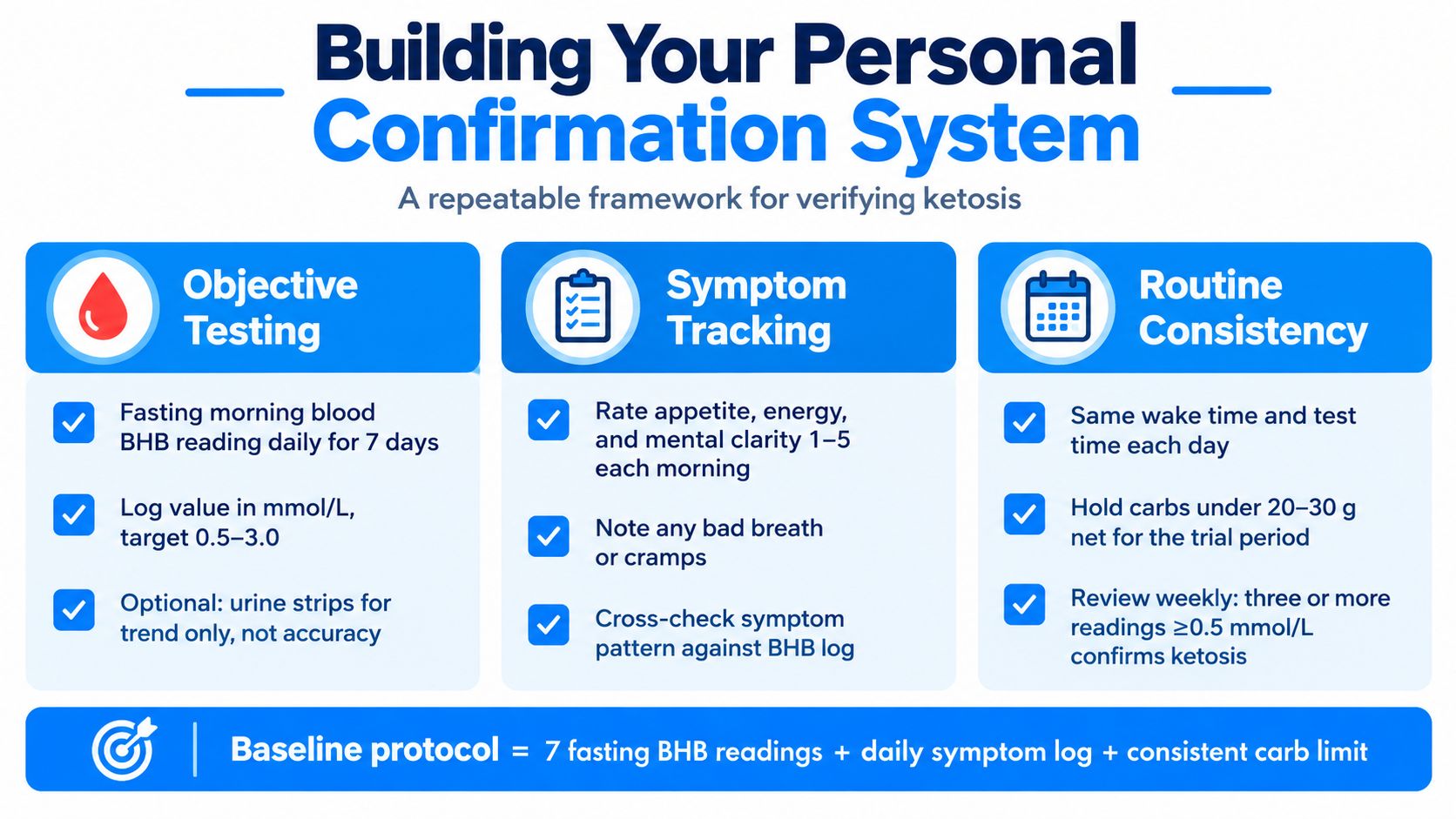 An infographic titled Building Your Personal Confirmation System detailing methods to verify nutritional ketosis through testing and tracking.