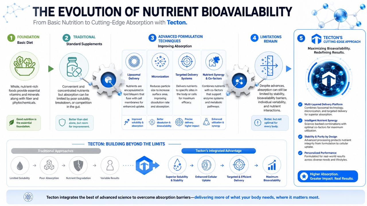An infographic showing the evolution of nutrient absorption, highlighting Tecton's advanced delivery techniques for improved bioavailability.