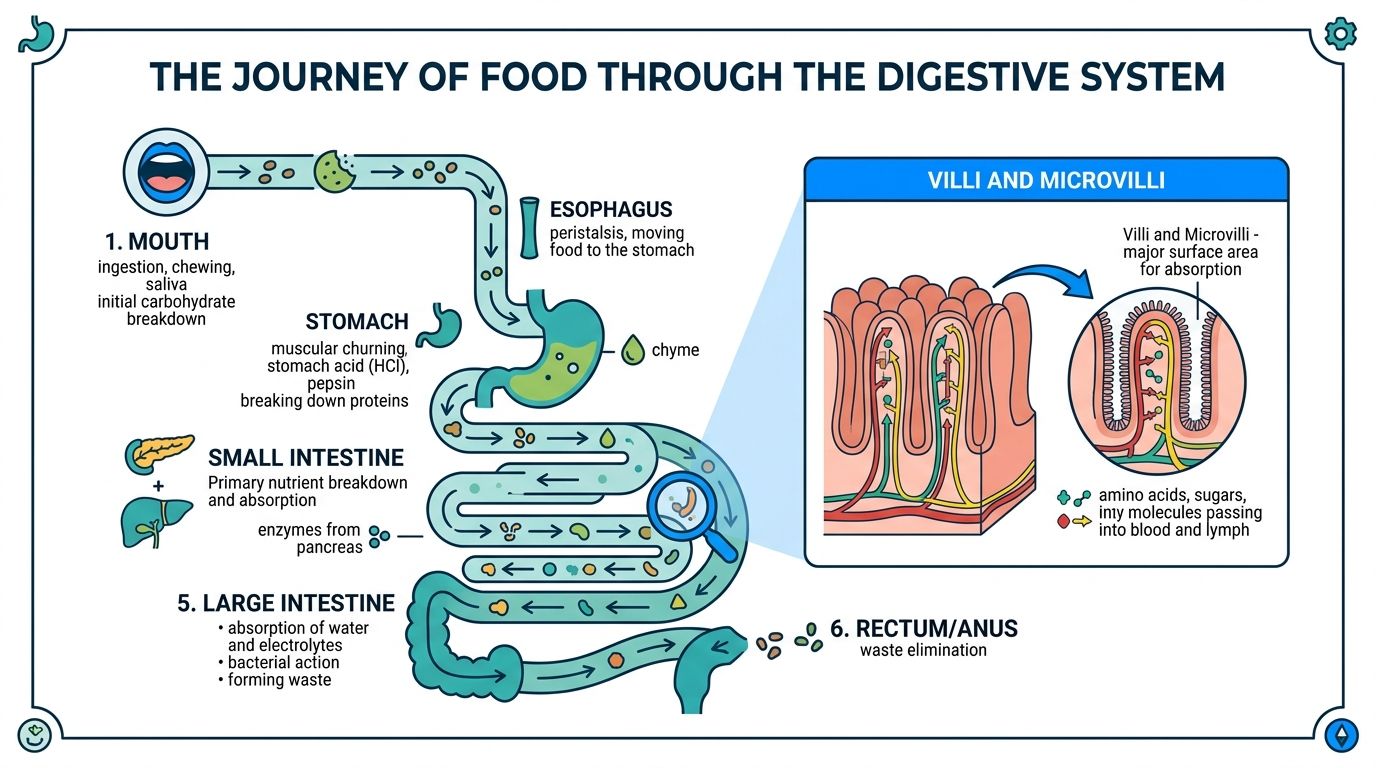 An educational diagram showing the journey of food through the human digestive system from mouth to anus.