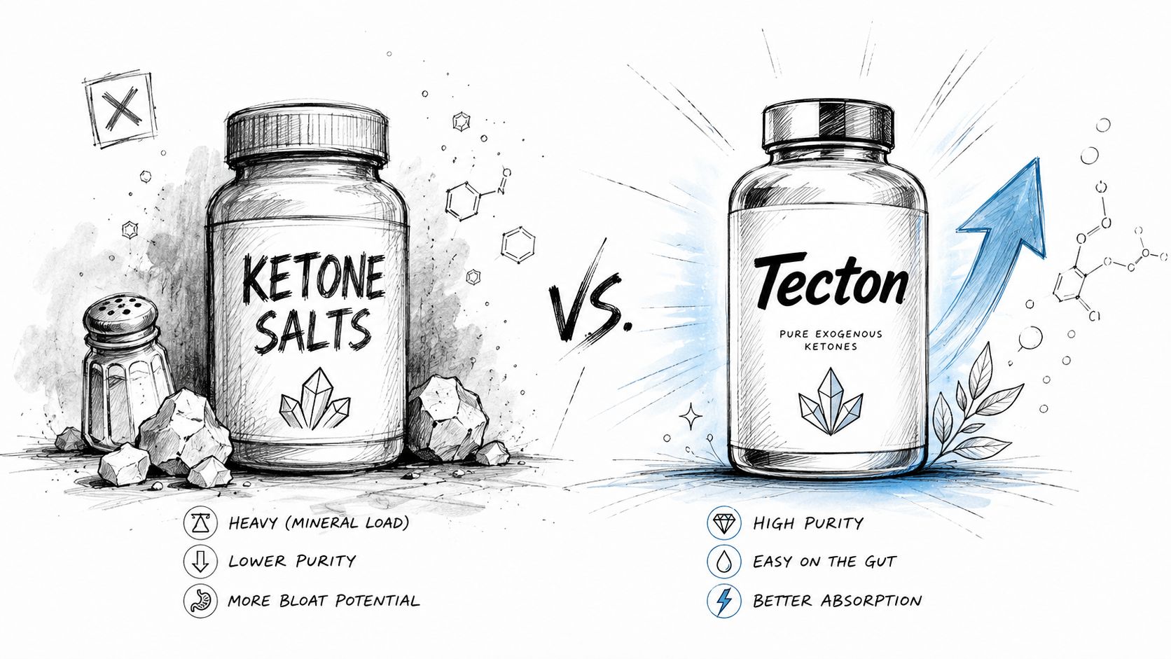 A comparison infographic between Ketone Salts and Tecton pure exogenous ketones highlighting purity, absorption, and gut health benefits.