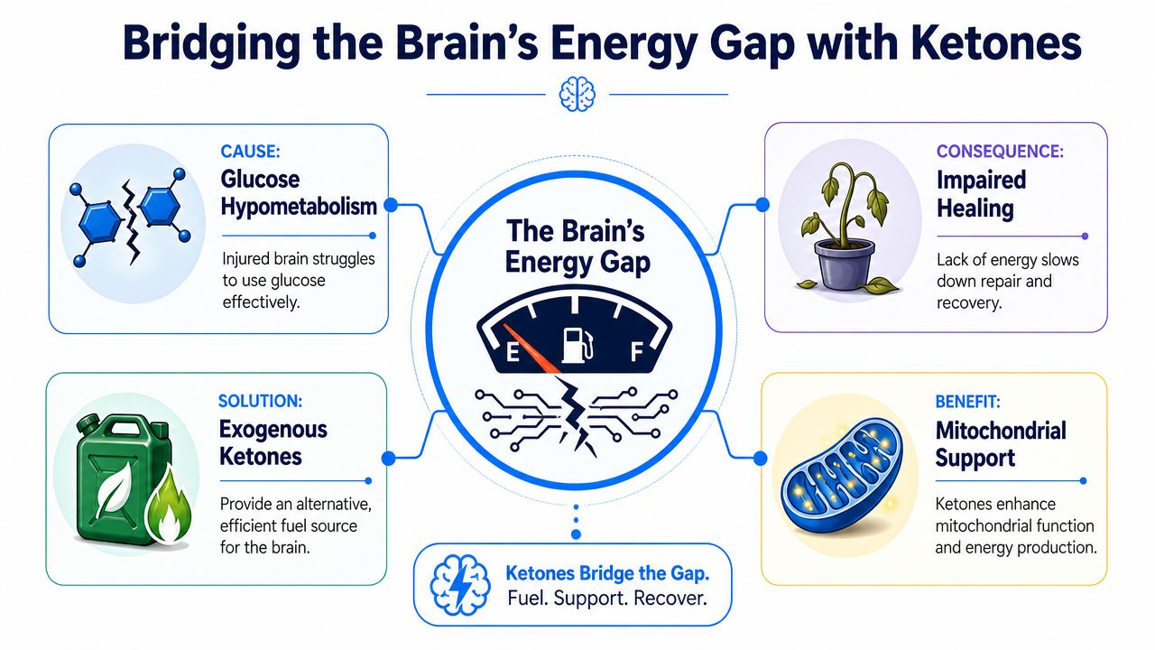 A diagram explaining how exogenous ketones provide alternative fuel to bridge the brain's energy gap during recovery.
