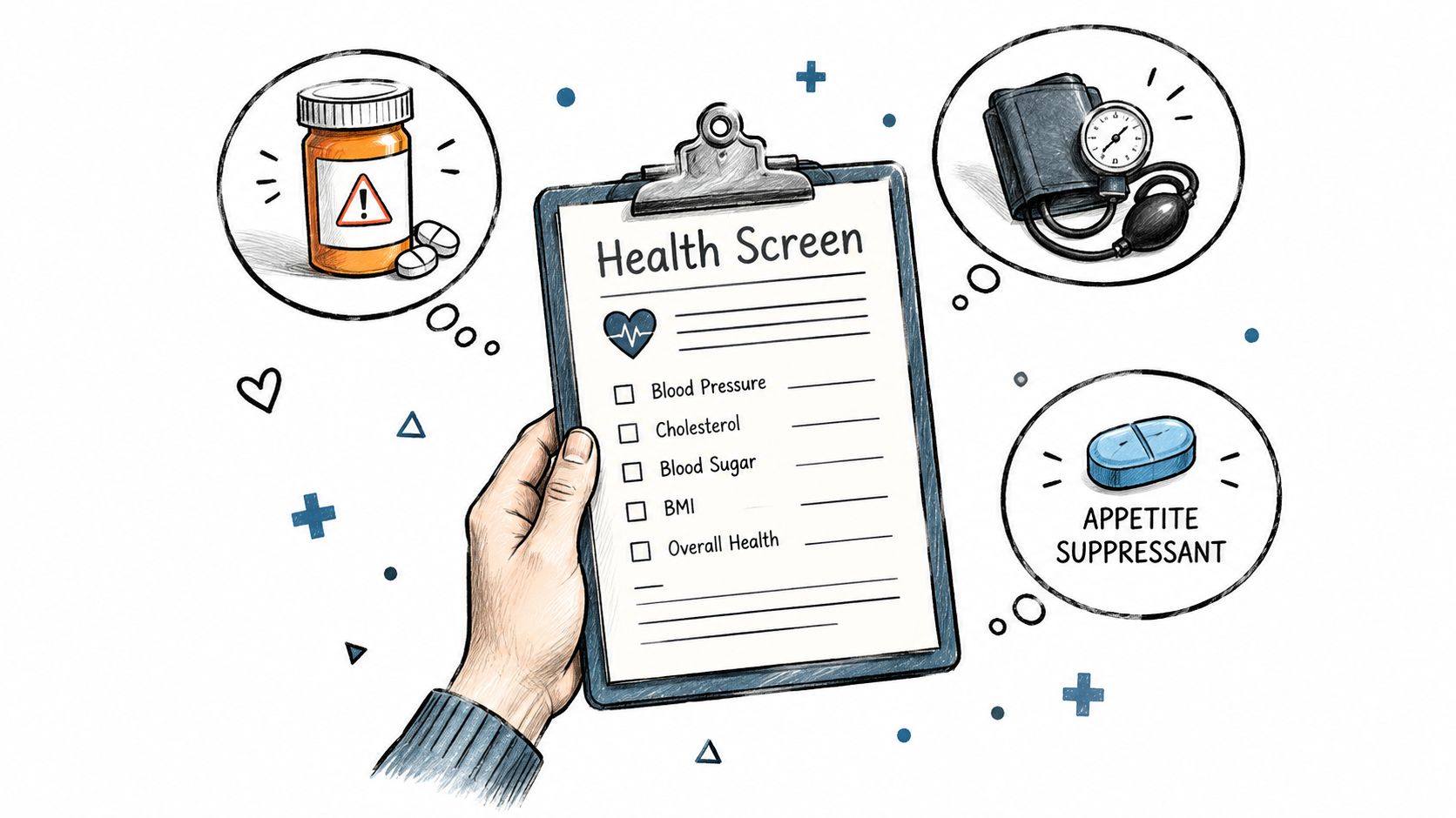 A hand holding a health screening checklist with illustrations of medication, a blood pressure cuff, and pills.