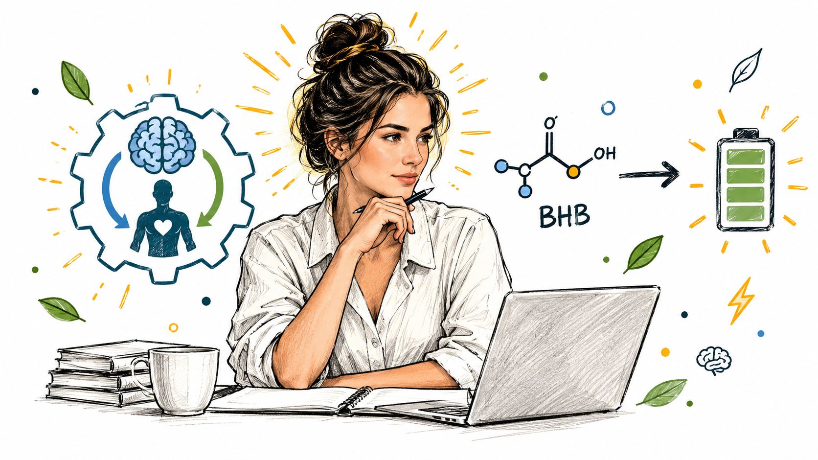 A woman thinking at a desk with illustrations of a brain, heart, BHB molecule, and charged battery.
