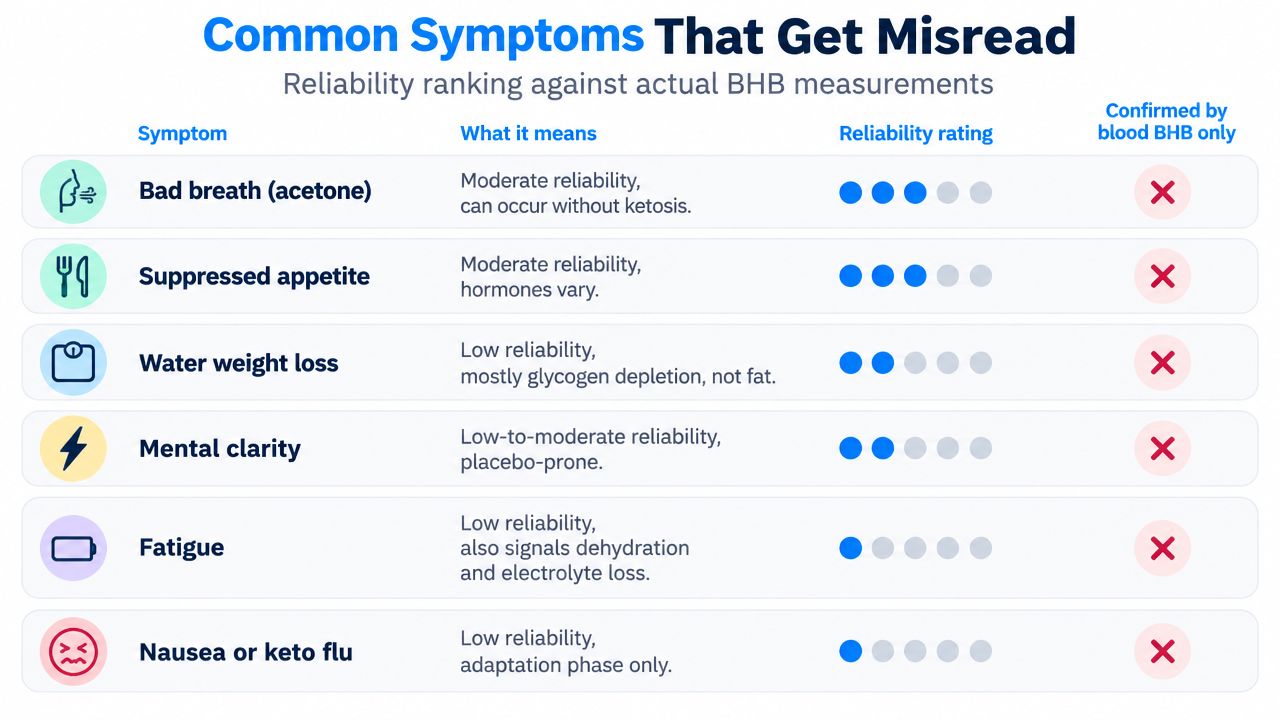 A chart comparing common physical symptoms often mistaken for signs of being in a state of ketosis.