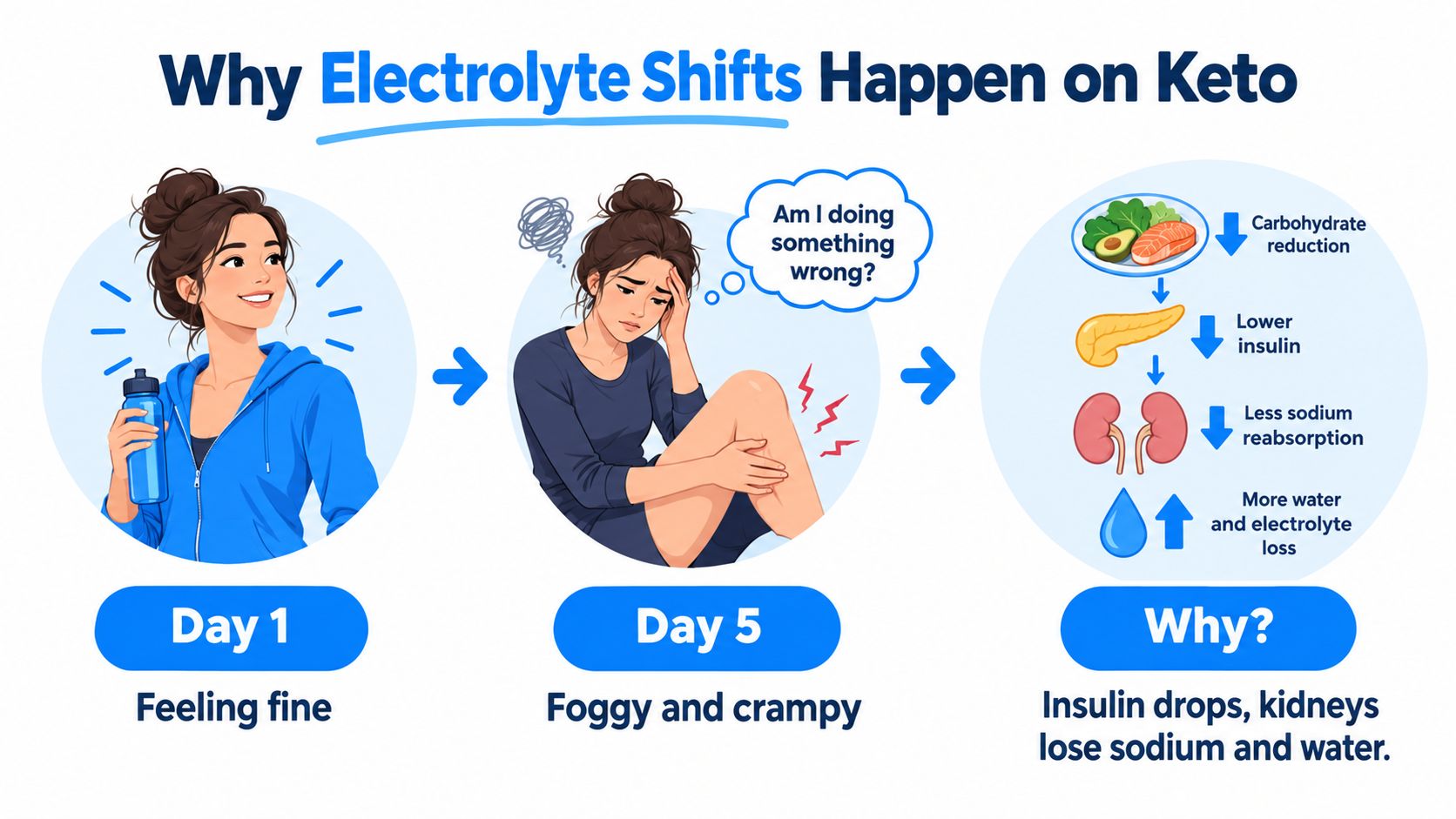 An infographic illustrating electrolyte imbalance on a keto diet over five days, showing symptoms and physiological causes.
