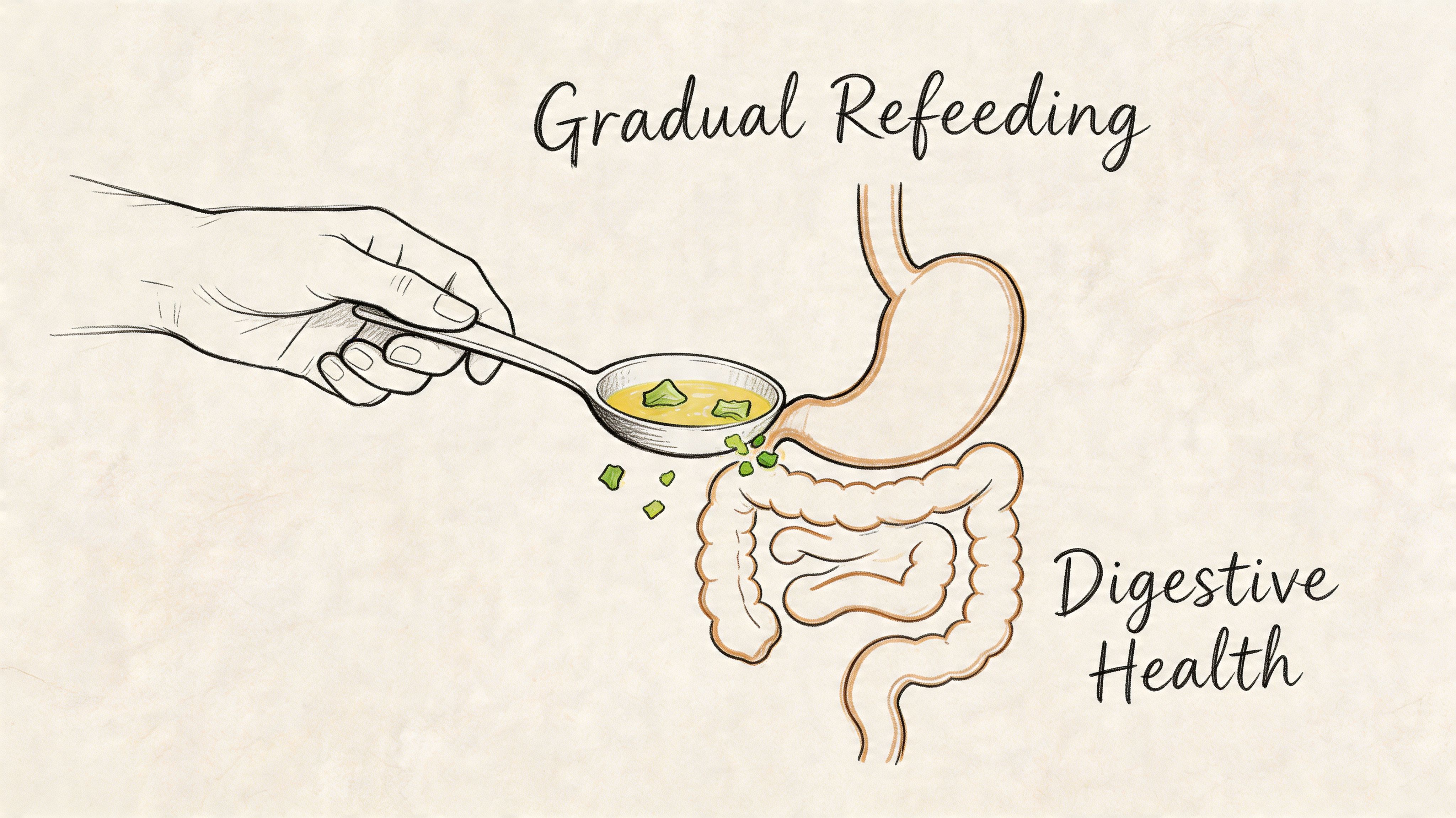 A hand holding a spoon feeding liquid broth to a human digestive system in a sketch illustration.