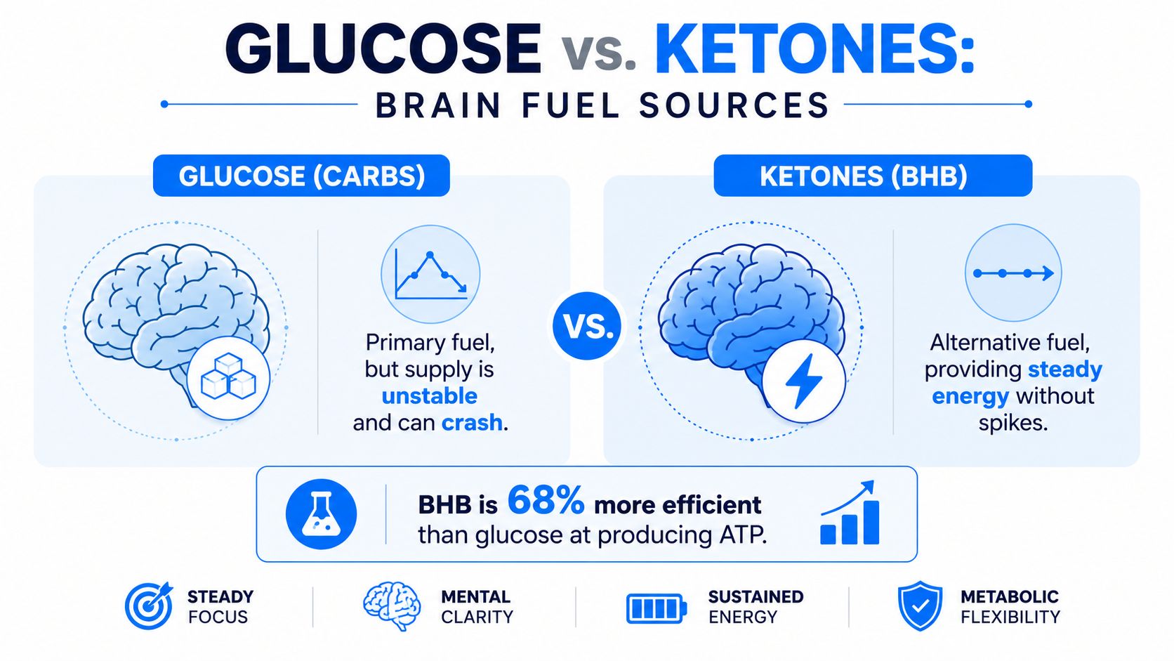 A comparison chart showing glucose and ketones as brain fuel sources, highlighting energy stability and metabolic efficiency.