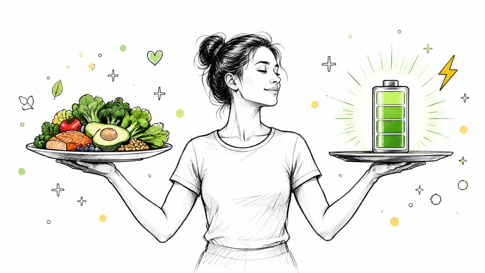 A woman holding a plate of healthy food and a battery representing improved energy and metabolism.