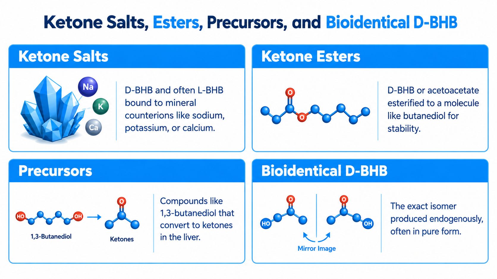 An infographic showing the four types of exogenous ketones: ketone salts, ketone esters, precursors, and bioidentical D-BHB.
