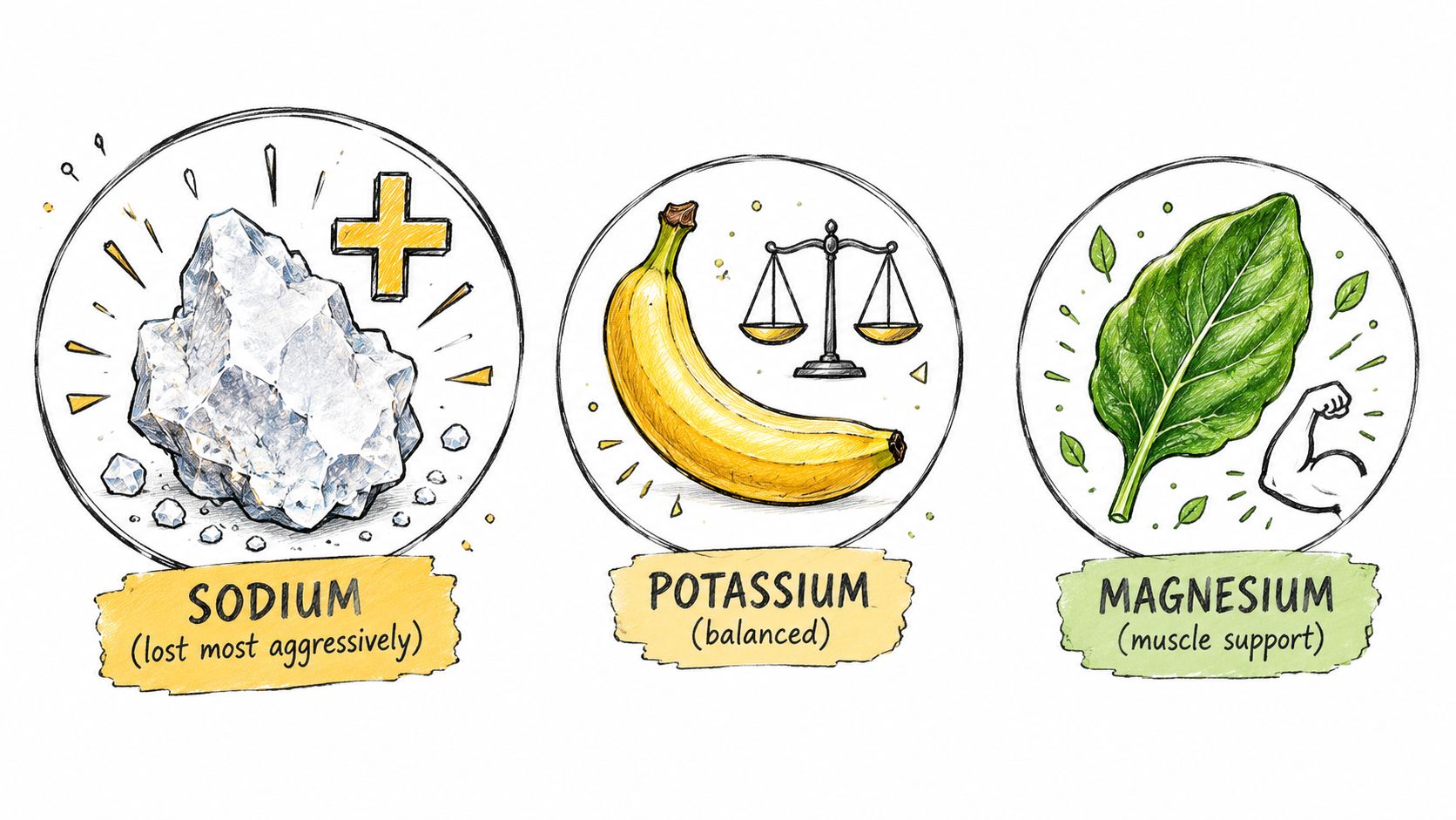 An educational illustration showing three essential electrolytes: sodium, potassium, and magnesium with their specific health roles.