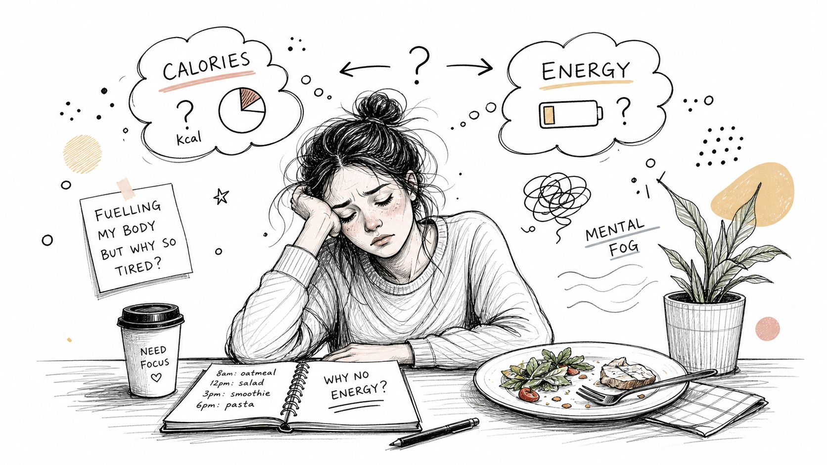 A tired woman pondering the connection between her calorie intake, mental fog, and low daily energy levels.