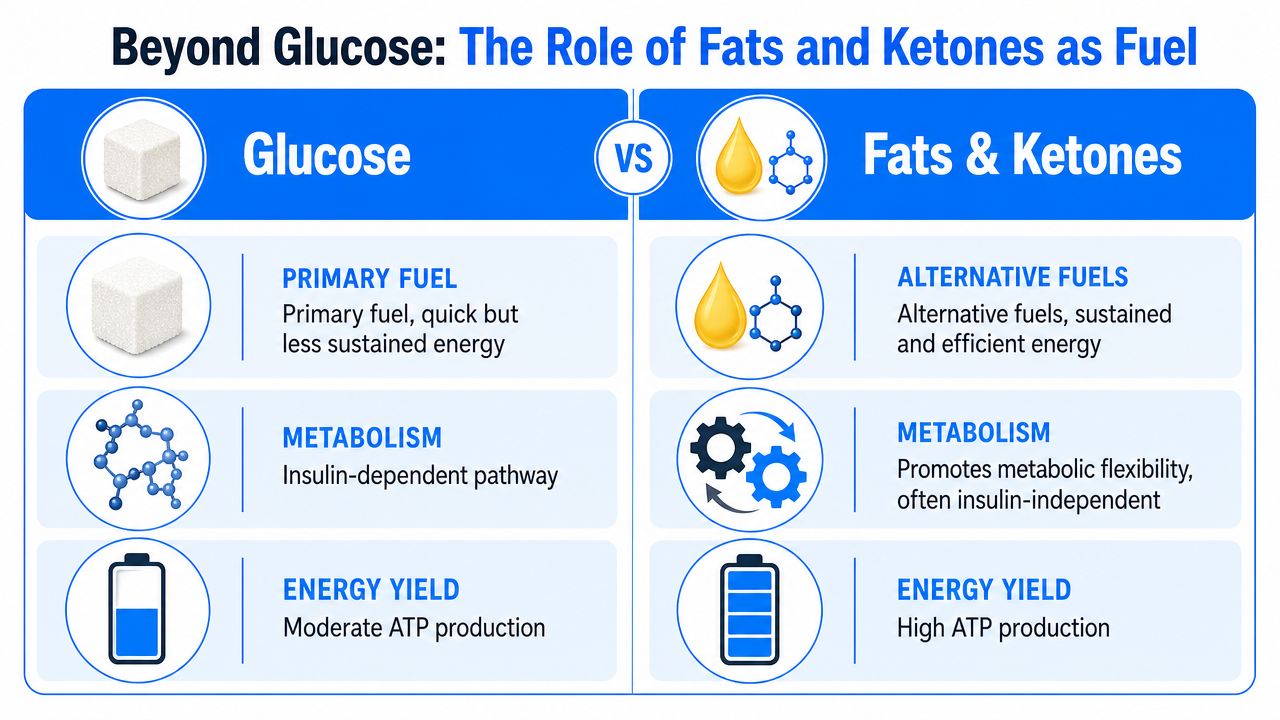 A comparison chart showing glucose as a primary fuel versus fats and ketones as alternative energy sources.