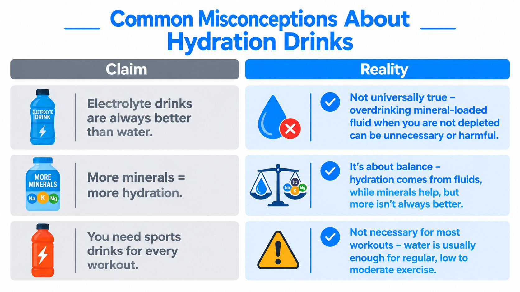 A chart debunking common misconceptions about hydration drinks, comparing specific claims versus scientific reality.
