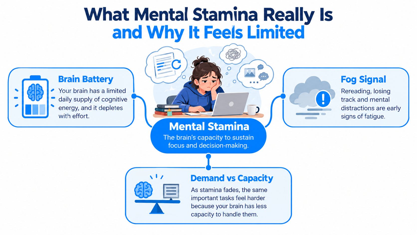 A diagram explaining mental stamina as a limited cognitive resource that affects focus and decision-making abilities.