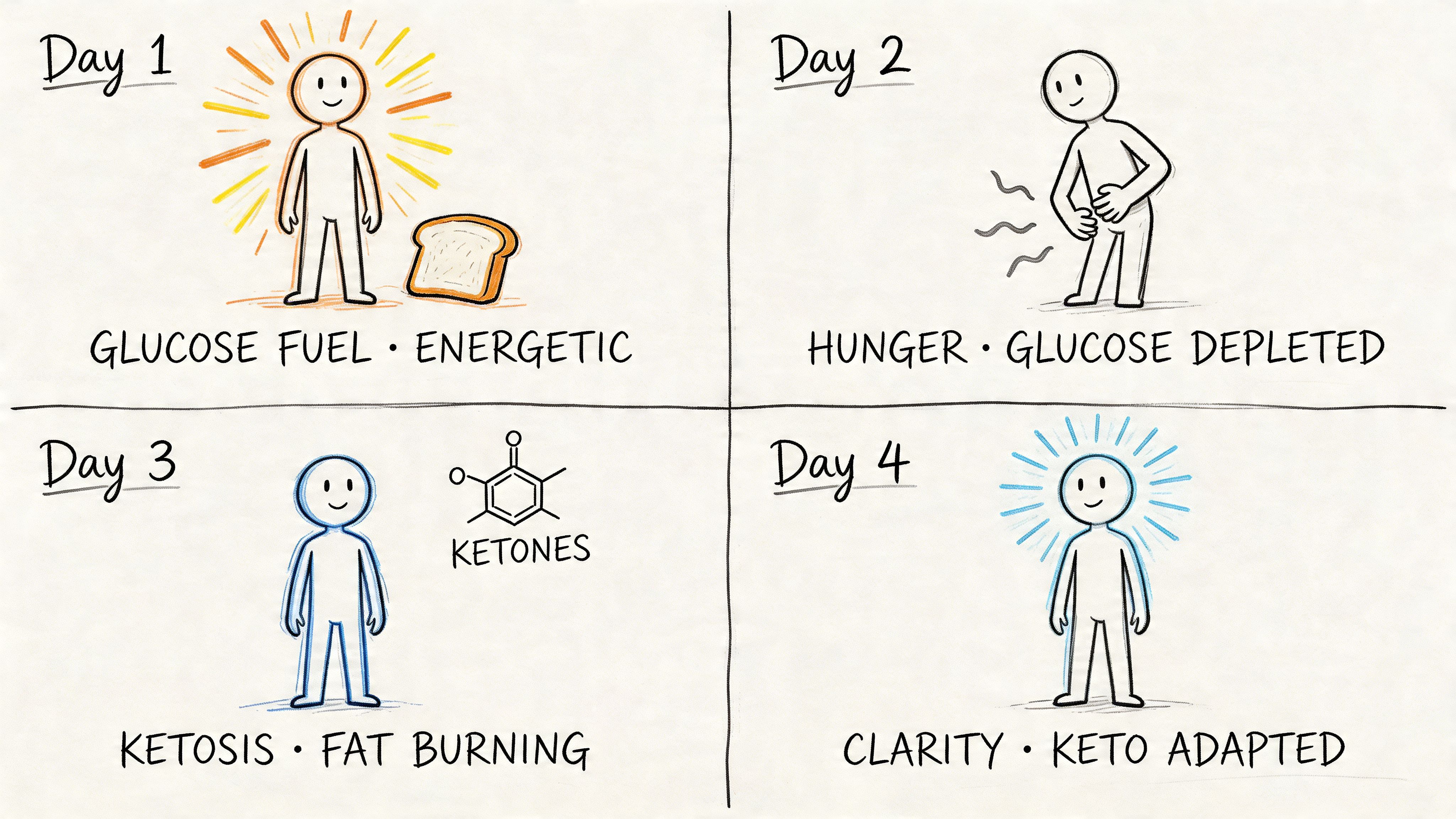 A four-step illustration showing a person's body transitioning from glucose fuel to fat burning ketosis over four days.