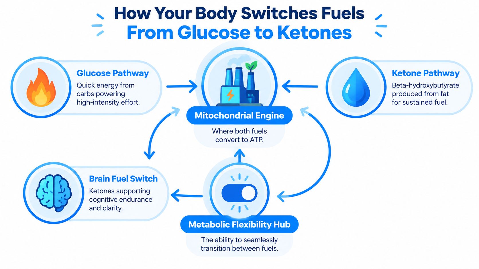 A diagram illustrating how the human body switches between glucose and ketone fuel pathways for energy.