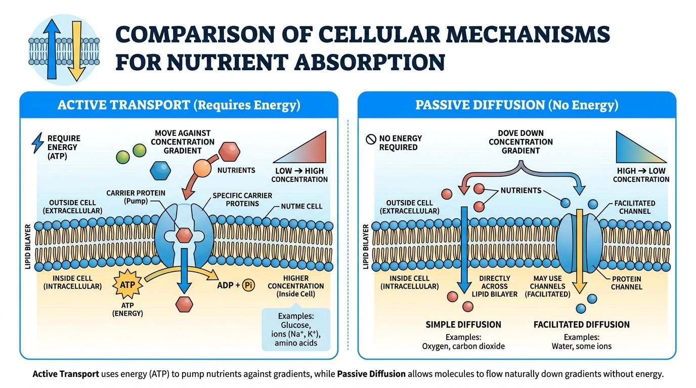 A scientific infographic comparing active transport and passive diffusion mechanisms for nutrient absorption across a cell membrane.