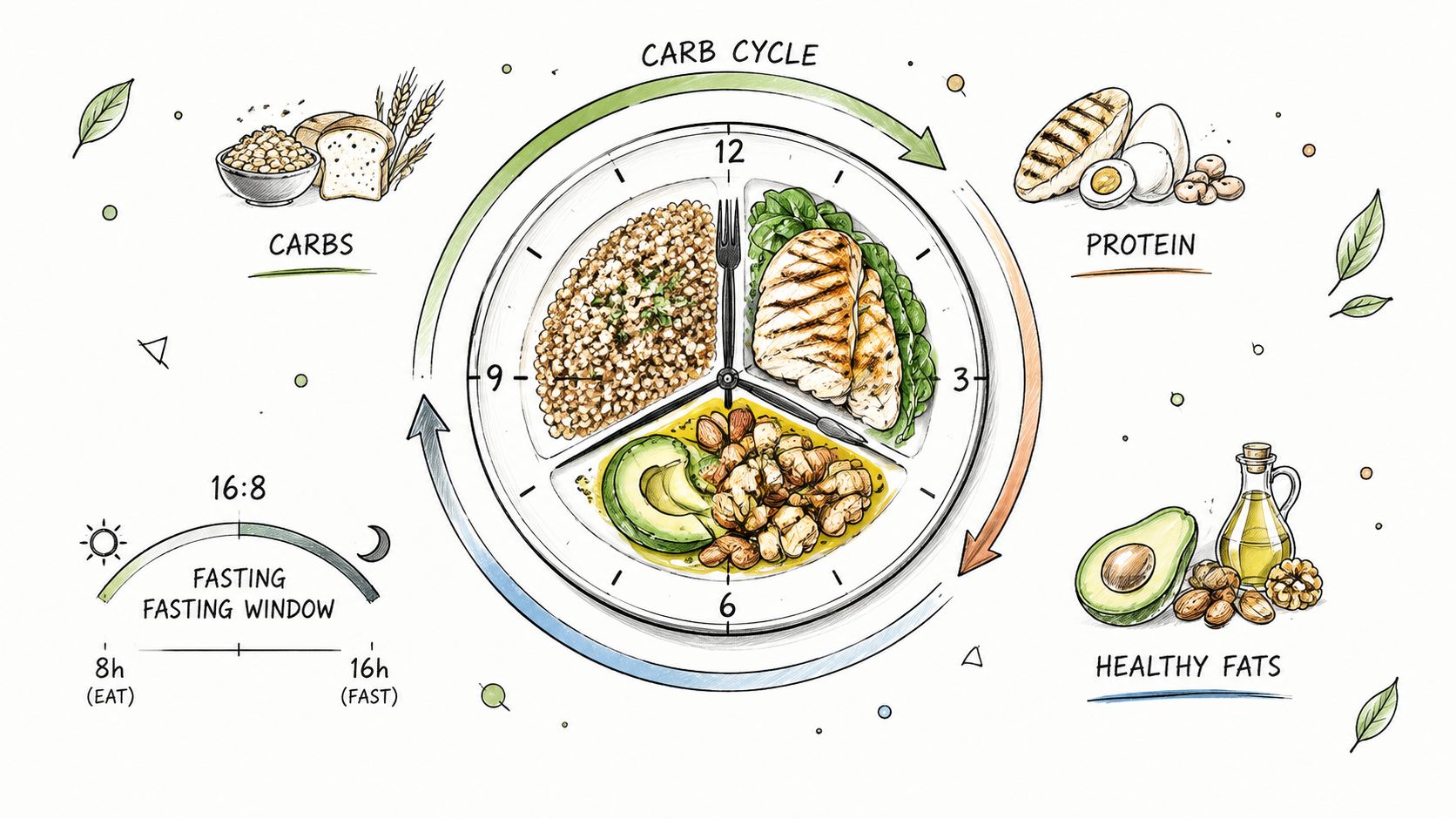 A diagram illustrating metabolic flexibility training through carb cycling and intermittent fasting with healthy food group examples.
