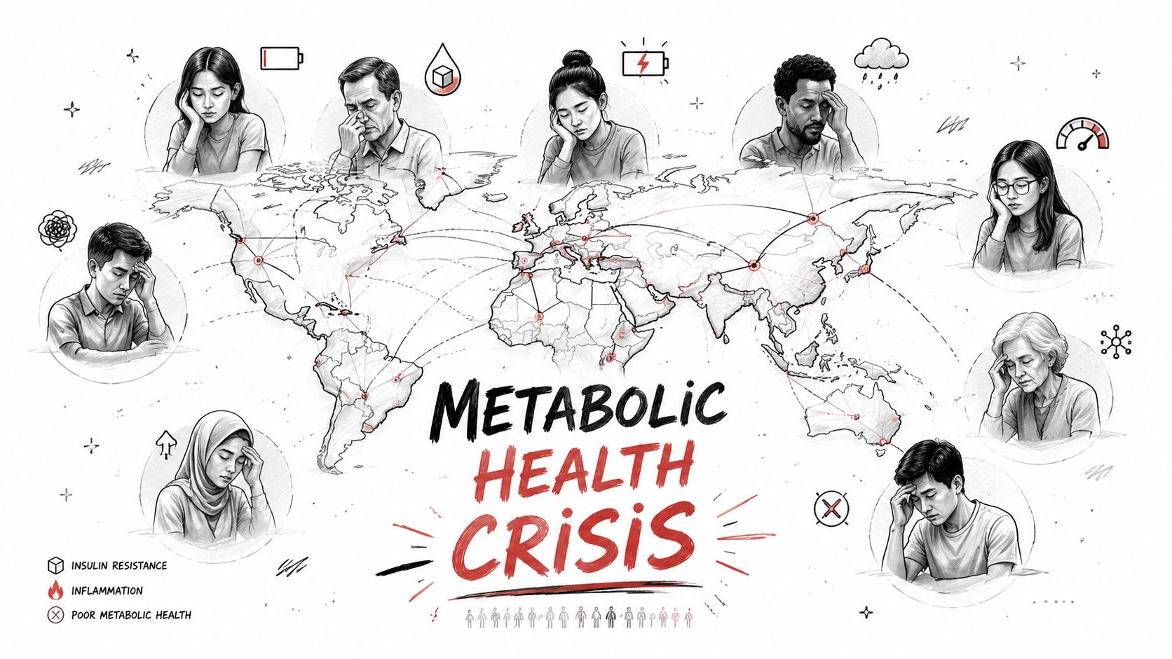 A pencil sketch style infographic highlighting a global metabolic health crisis with people suffering from fatigue.