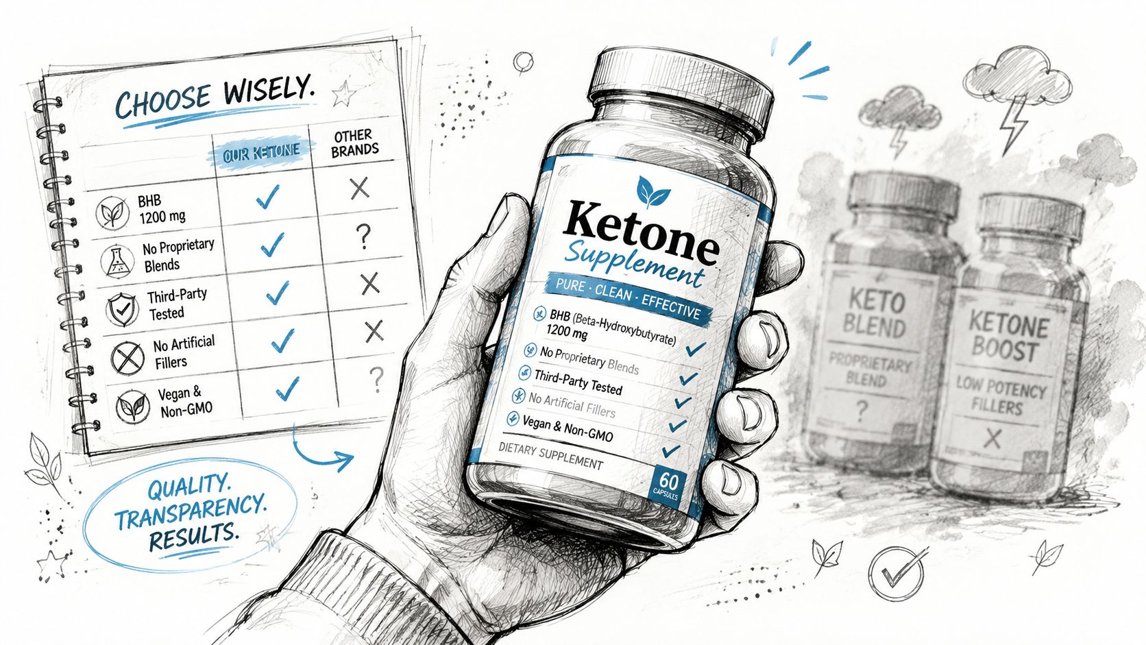 A hand holds a bottle of Ketone Supplement, comparing its clear ingredients list against other inferior keto brands.
