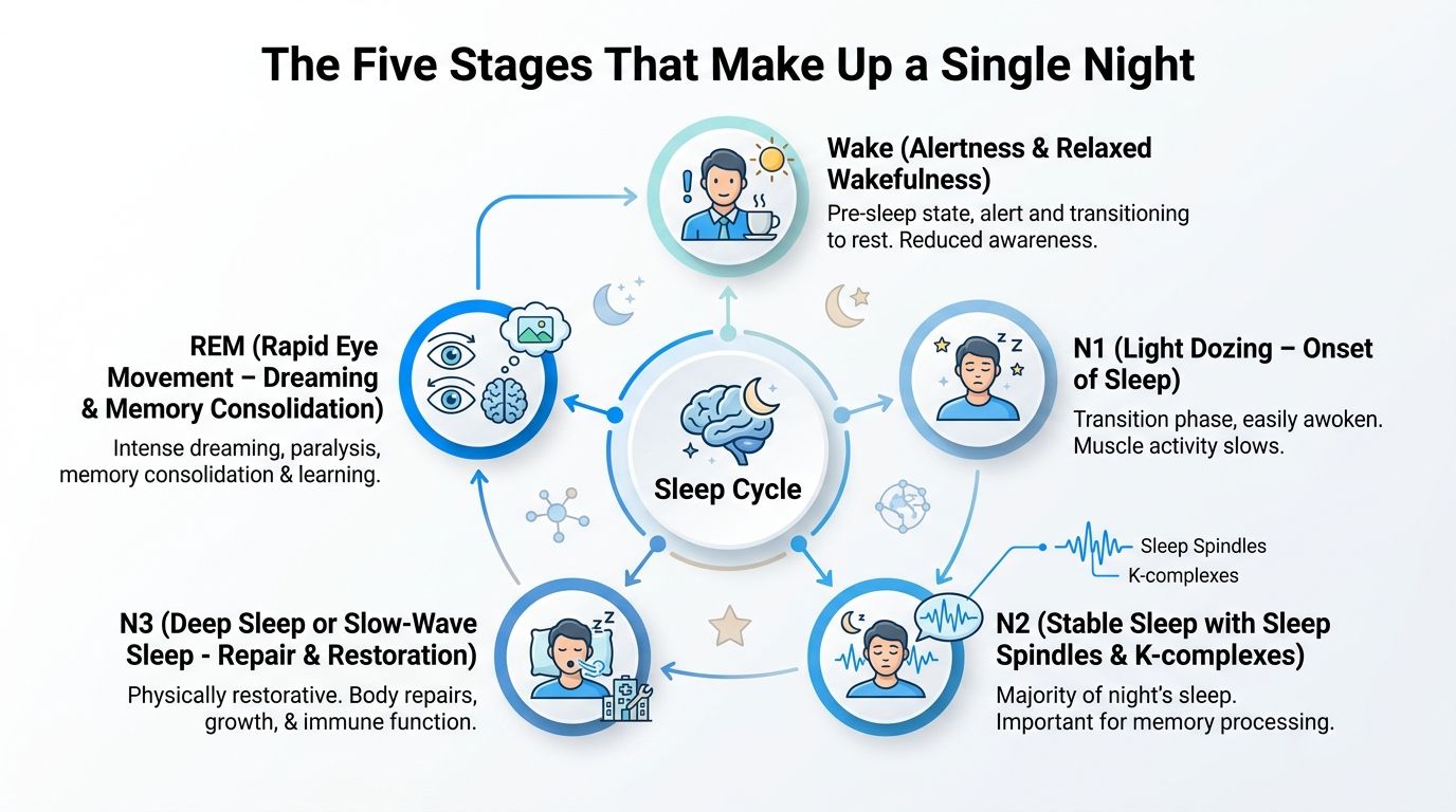 A diagram illustrating the five stages of a human sleep cycle, from wakefulness to deep REM sleep.