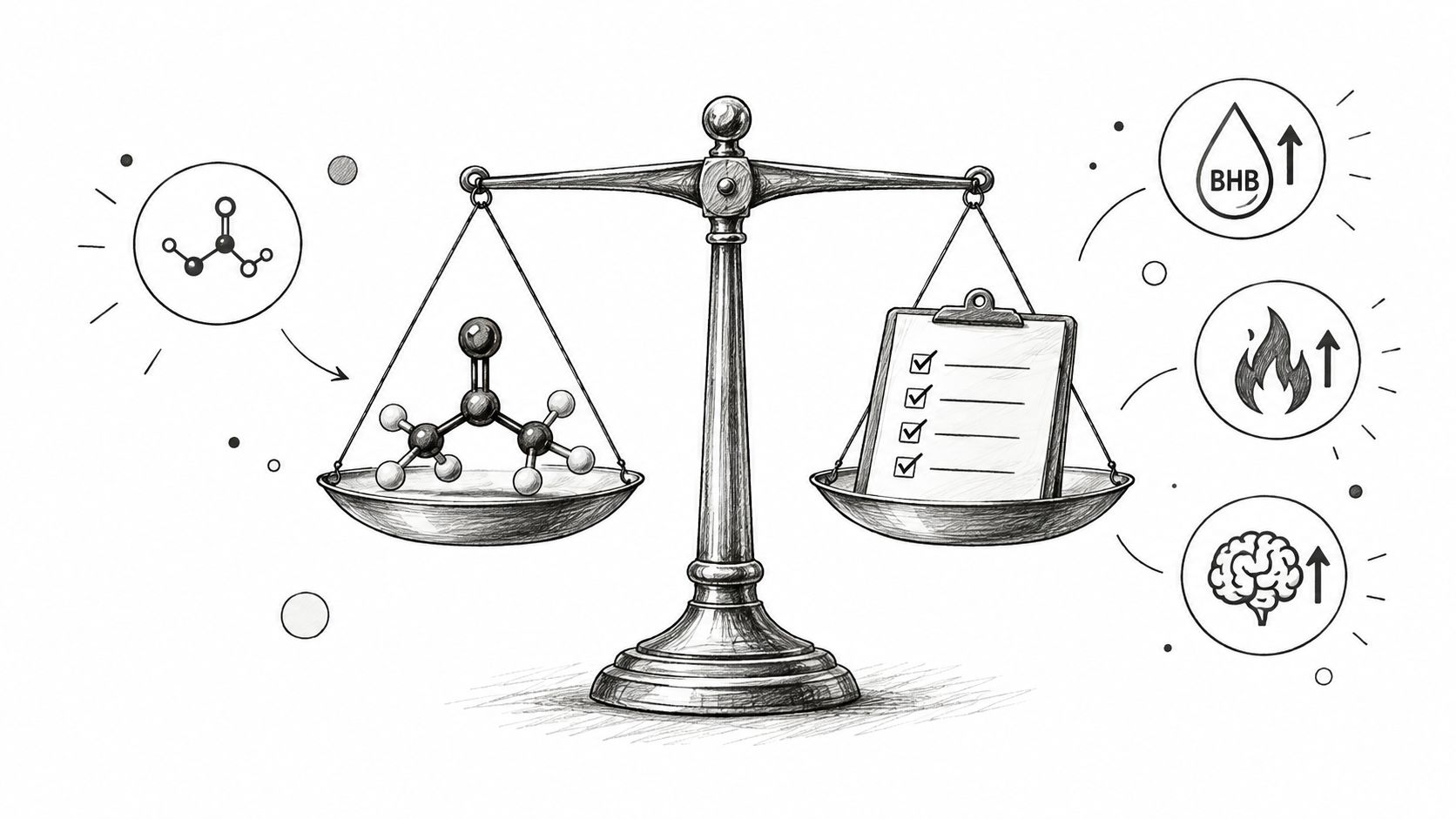A conceptual illustration of a balance scale depicting chemical compounds and their positive metabolic health impacts.