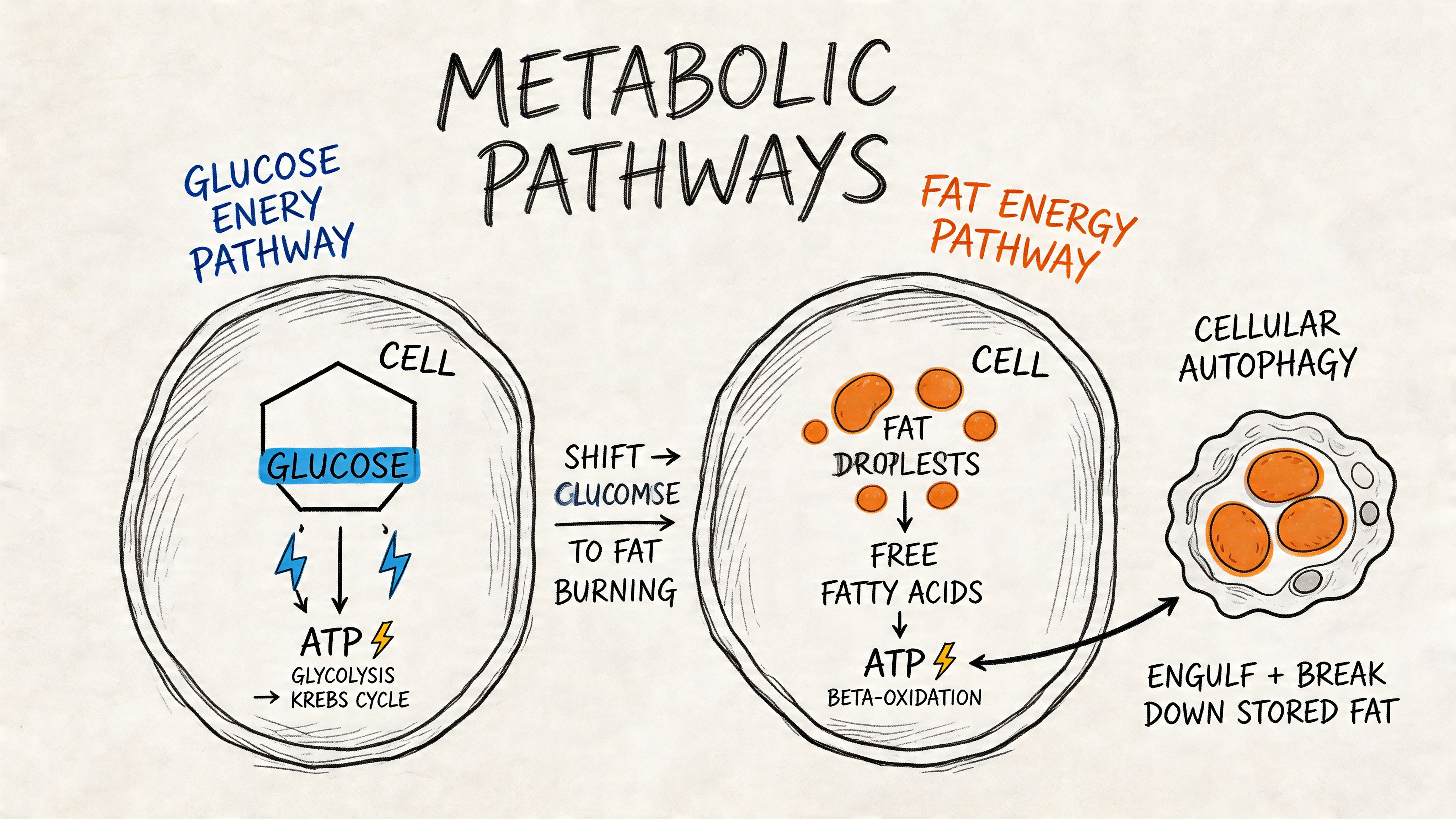A diagram comparing the glucose energy pathway to the fat energy pathway and cellular autophagy process.