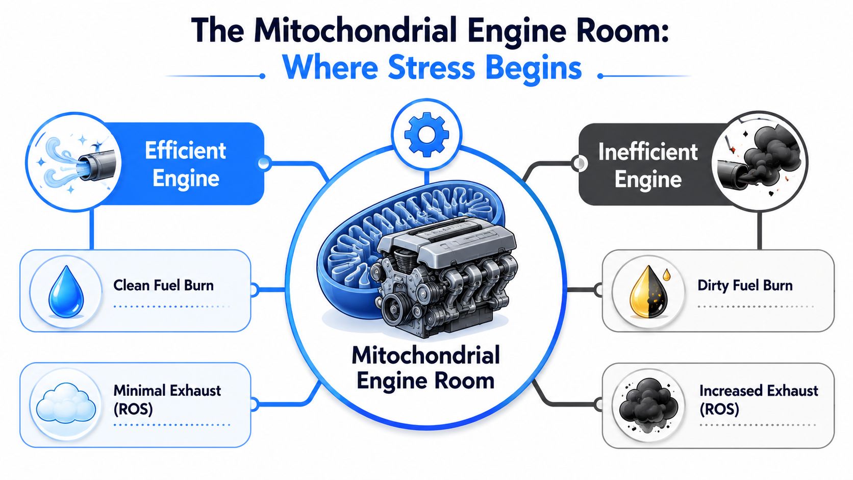 A diagram comparing an efficient, clean mitochondrial engine to an inefficient, dirty engine creating oxidative stress.