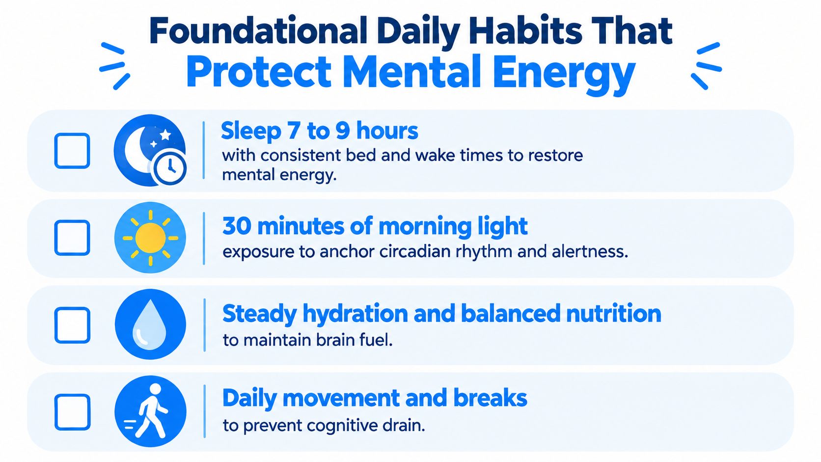 A checklist infographic illustrating four daily habits to protect and improve mental energy and stamina.