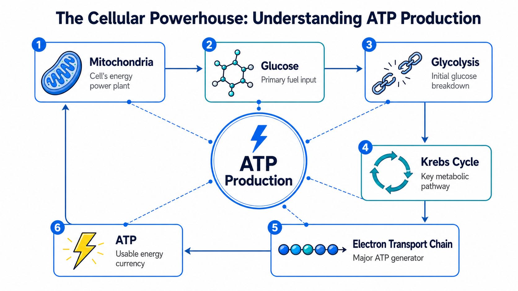 A diagram illustrating the steps of cellular ATP production, from glucose to energy currency in the mitochondria.