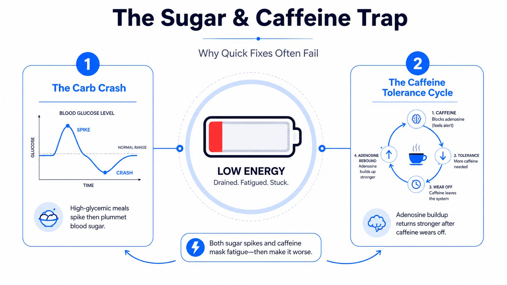 An infographic illustrating how sugar crashes and caffeine tolerance cycles cause afternoon energy slumps and fatigue.