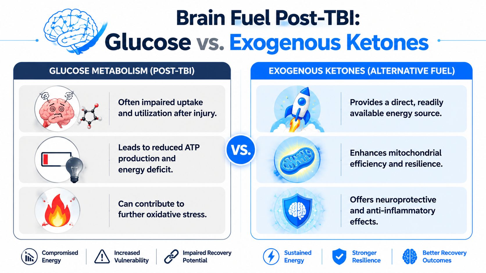 A comparative infographic showing how glucose metabolism is impaired after traumatic brain injury versus exogenous ketones providing alternative energy.