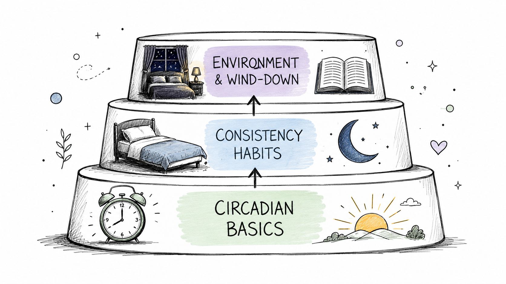 A tiered diagram showing a foundation of sleep health, starting with circadian basics, consistency, and environment.