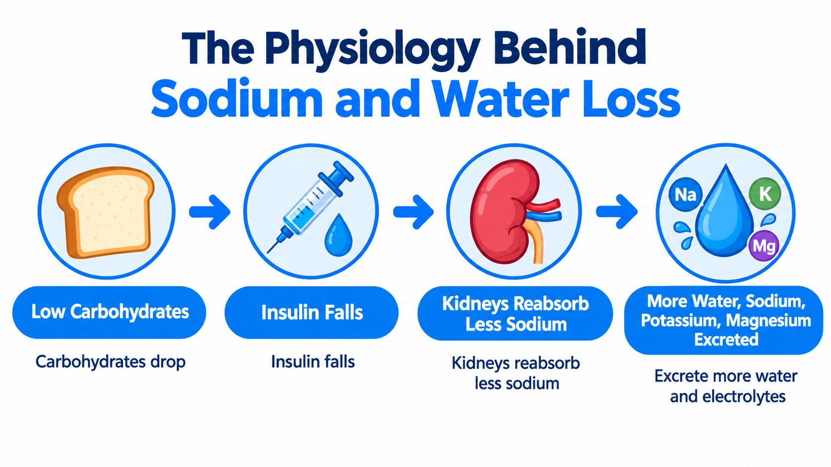 A diagram illustrating how low carbohydrate intake triggers insulin drops, affecting kidney function and electrolyte excretion.