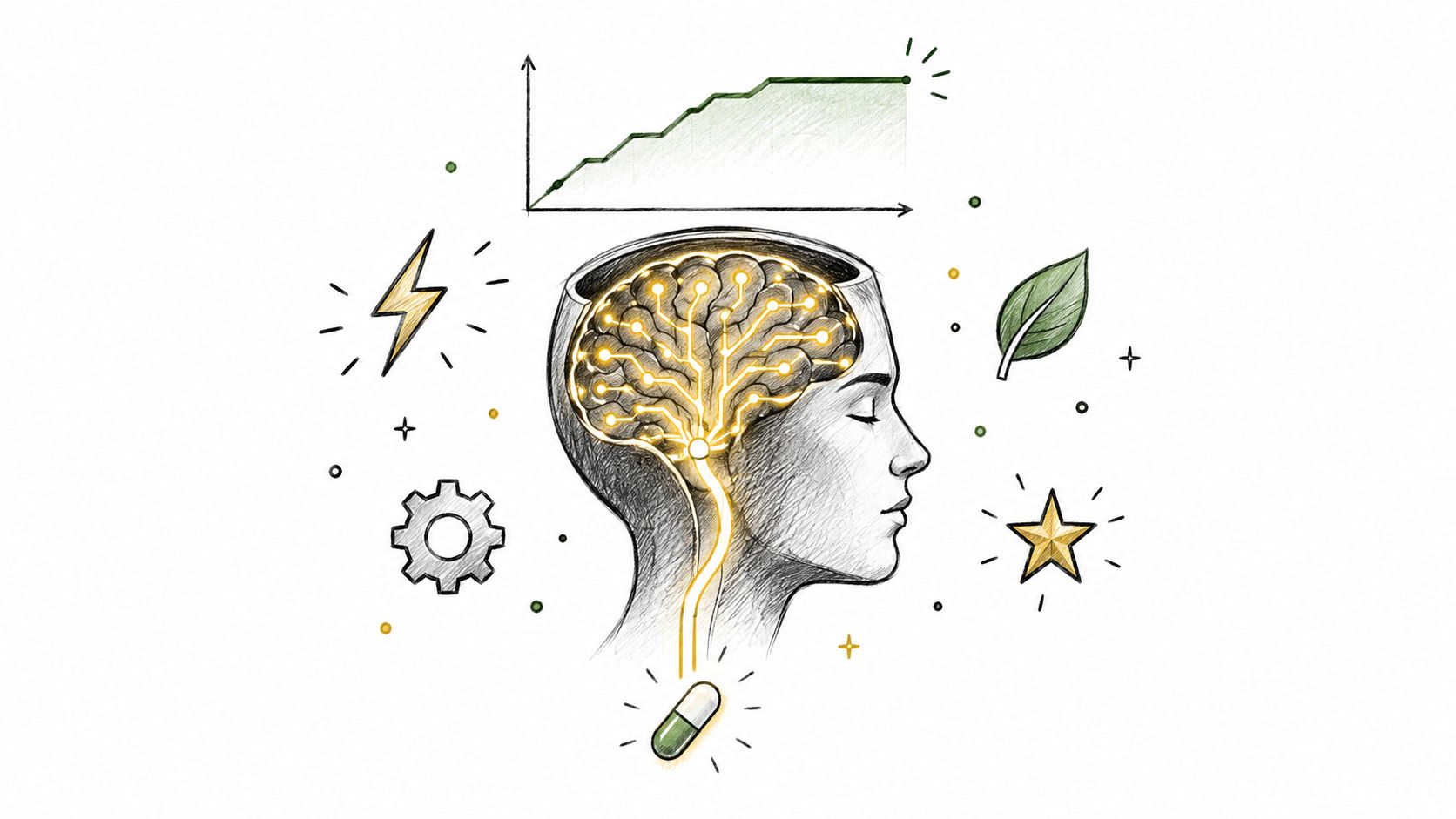 A pencil sketch of a human head with a glowing circuit board brain connected to a pill.